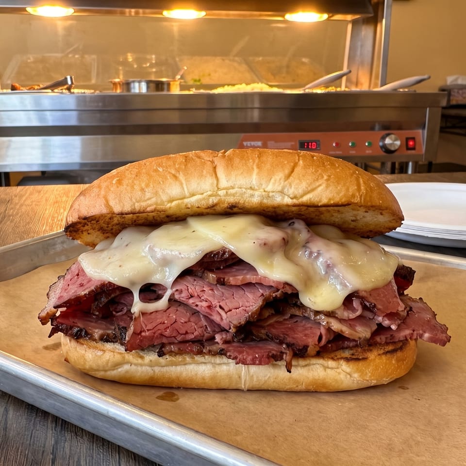 A large roast beef sandwich with melted cheese on a bun, served on a metal tray.
