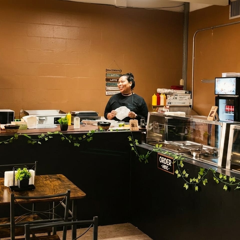A smiling woman stands behind a counter in a restaurant with a table in the foreground.